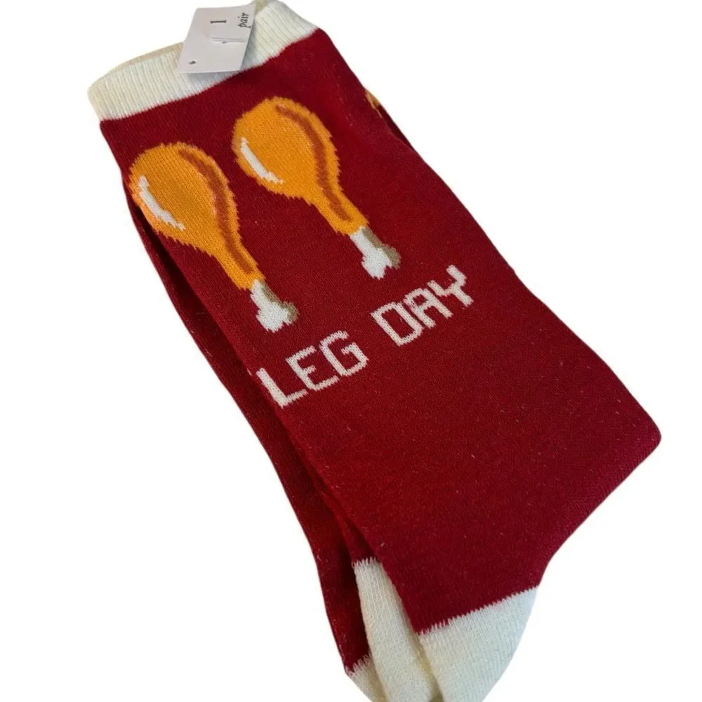 Hilarious Unisex Red & White Leg Day Socks w/ Drumsticks. 🍗 🍗
